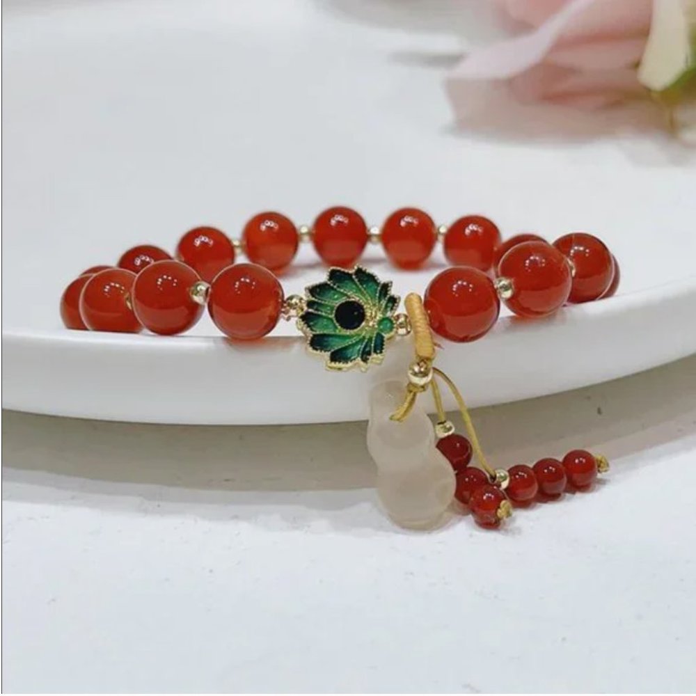 New Gold Plated Glorious Lotus Red Agate Charm Bracelet - Picture 4 of 12